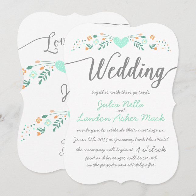 Wedding Typography Folk Art Floral Wedding Invites (Front/Back)