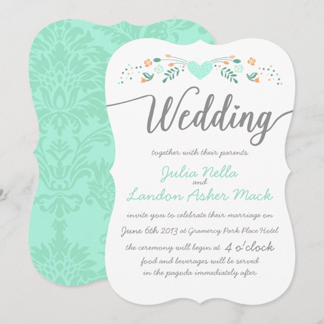 Wedding Typography Folk Art Floral Wedding Invites (Front/Back)