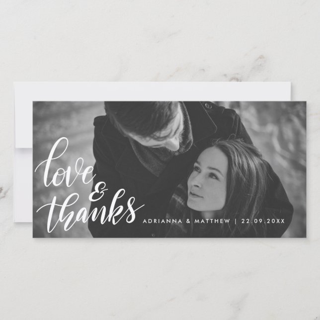 Wedding Typography Love And Thanks | Couple Photo Thank You Card (Front)