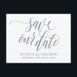 Wedding Typography Save-the-Date- Dusty Blue Announcement Postcard<br><div class="desc">Announce your upcoming wedding in style with this luxe dusty blue / blue-grey wedding save-the-date postcard! You can change the colour of the design by changing your background colour. **HOW TO CHANGE THE DESIGN COLOR** 1) Click the "Personalise" Button. 2) Click the "ClICK TO CUSTOMIZE FURTHER" link at the bottom....</div>
