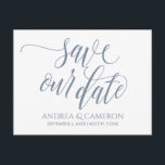 Wedding Typography Save-the-Date- Dusty Blue Announcement Postcard<br><div class="desc">Announce your upcoming wedding in style with this luxe dusty blue / blue-grey wedding save-the-date postcard! You can change the colour of the design by changing your background colour. **HOW TO CHANGE THE DESIGN COLOR** 1) Click the "Personalise" Button. 2) Click the "ClICK TO CUSTOMIZE FURTHER" link at the bottom....</div>