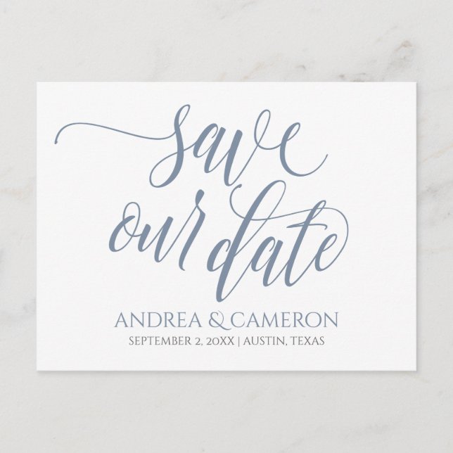 Wedding Typography Save-the-Date- Dusty Blue Announcement Postcard (Front)