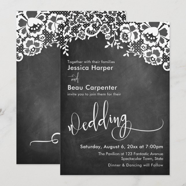 Wedding Typography, White Lace Over Chalkboard Invitation (Front/Back)