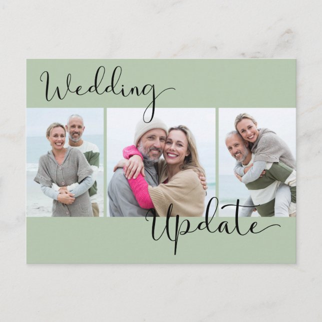 Wedding Update 3 Photo Sage Green Postpone Wedding Postcard (Front)