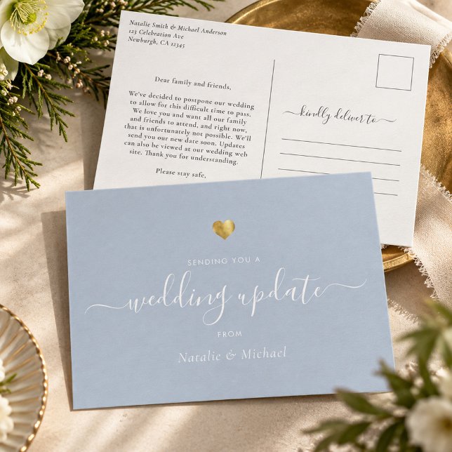 Wedding Update Elegant Script Gold Light Dust Blue Postcard (Dusty light blue Wedding Update postcard with elegant script and a printed gold heart)