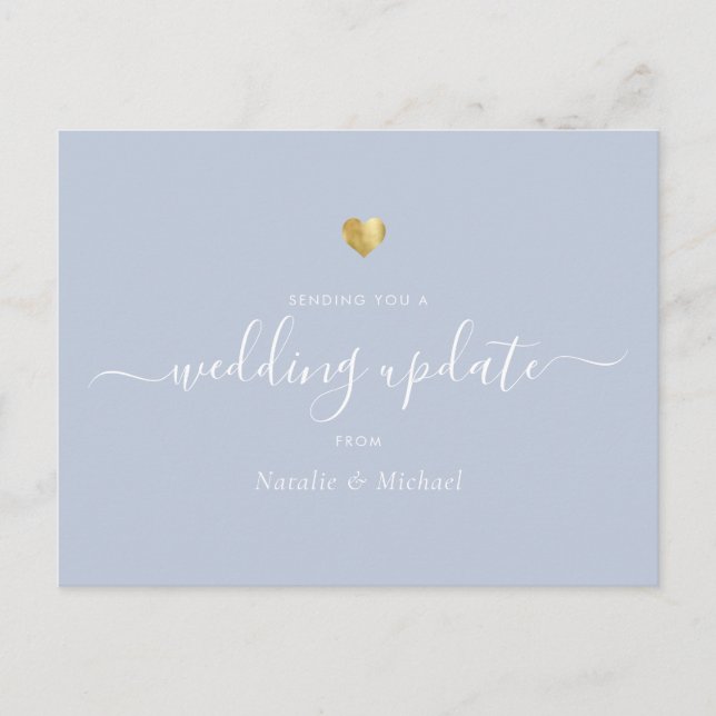 Wedding Update Elegant Script Gold Light Dust Blue Postcard (Front)