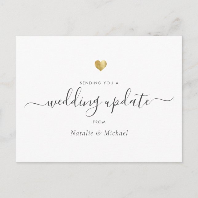 Wedding Update Postponed Elegant Script Gold Heart Postcard (Front)