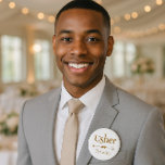 Wedding Usher Gold and White 6 Cm Round Badge<br><div class="desc">A great button for your wedding rehearsal dinner and other events,  this design features "Usher" written in lovely golden font with a heart arrow underneath.  At the very bottom is a template for adding the name.  Personalize your button today!</div>