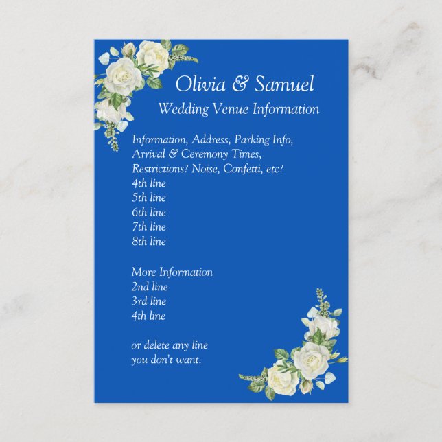 Wedding Venue info - Cobalt Blue & White Roses Wed Enclosure Card (Front)