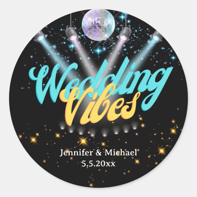 wedding vibes retro disco lights black sparkles classic round sticker (Front)