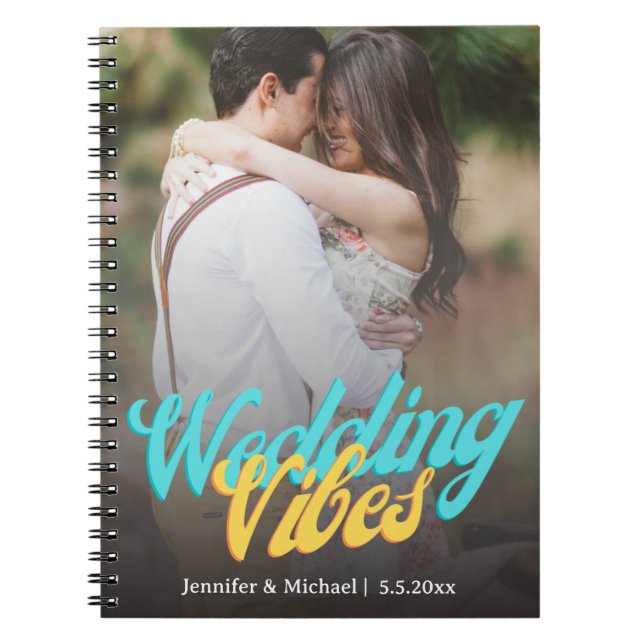 wedding vibes retro script couple photo planner notebook (Front)