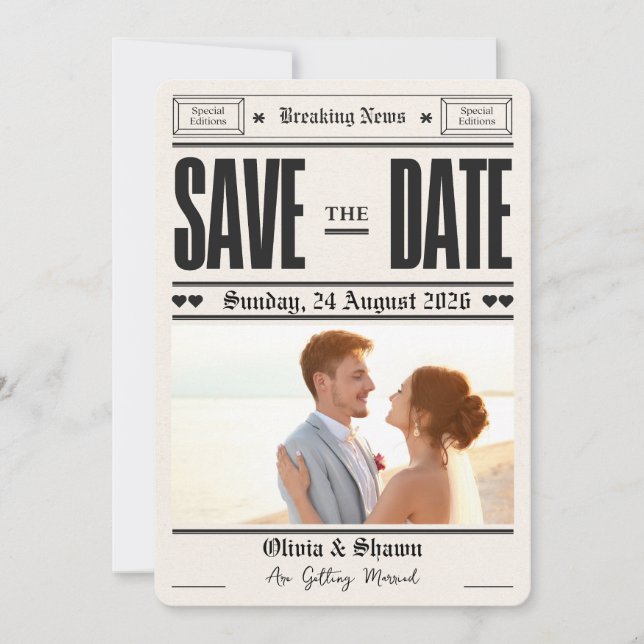 Wedding Vintage Newspaper Wedding Save the date Invitation (Front)
