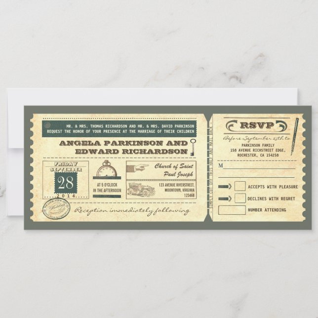 wedding vintage ticket invitation with rsvp design (Front)