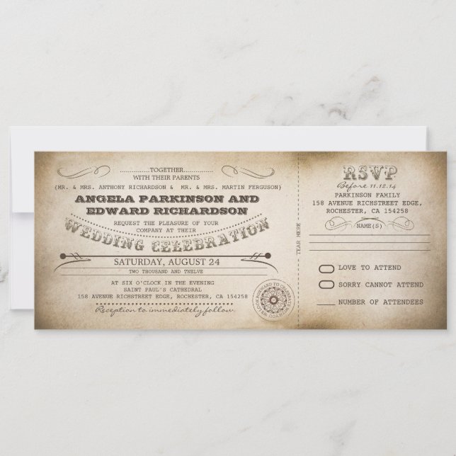 wedding vintage ticket invitation with RSVP design (Front)