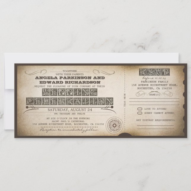 wedding vintage ticket invitation with RSVP design (Front)