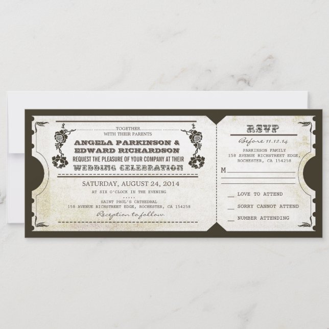 wedding vintage ticket invitation with RSVP design (Front)