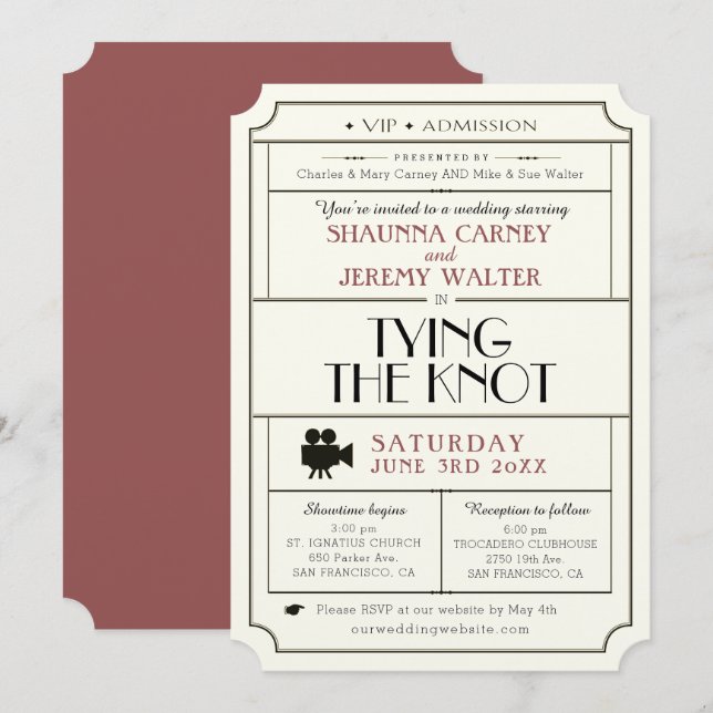 Wedding Vintage Ticket Invite / Cinema Film Theme (Front/Back)
