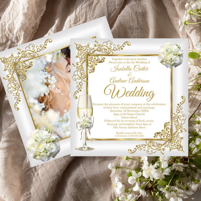 Wedding Vintage White Champagne Gold Pearl Photo Invitation (Creator Uploaded)
