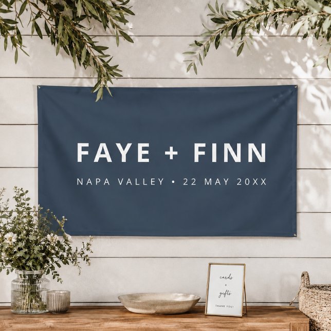 Wedding Vinyl Banner | Reception Backdrop Sign (Custom blue wedding vinyl banner with names, venue location, and date for reception decor.)