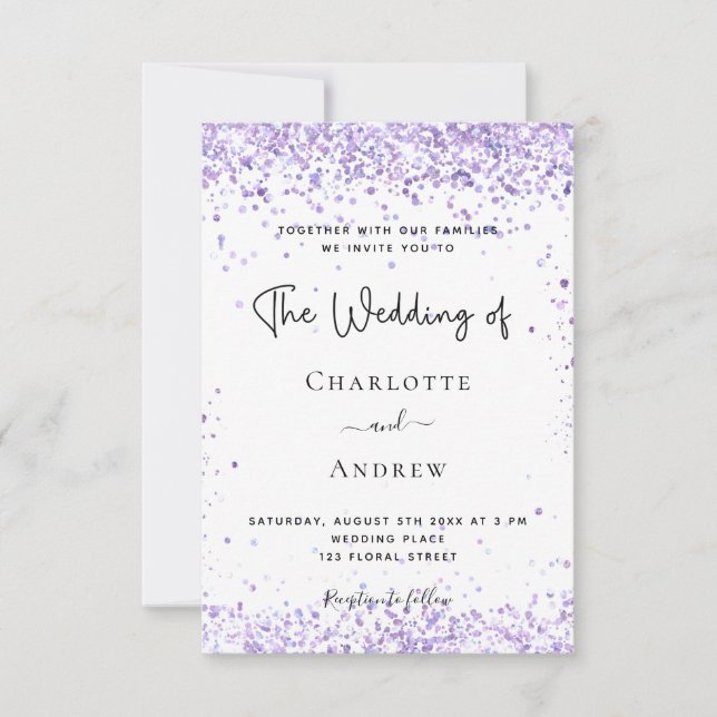 Wedding violet lavender glitter dust script invitation (Front)