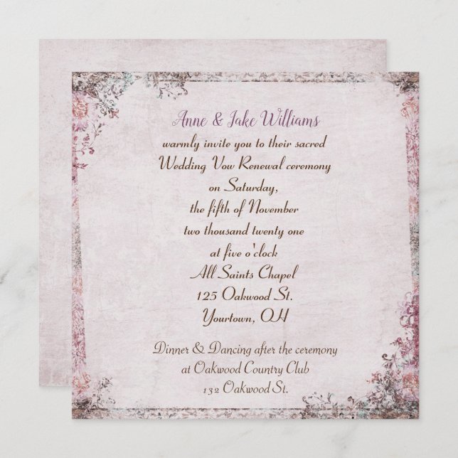 wedding vow renewal old-fashioned floral border invitation (Front/Back)