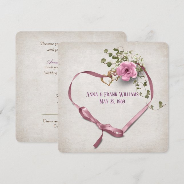 wedding vow renewal-pink ribbon heart with rings invitation (Front/Back)