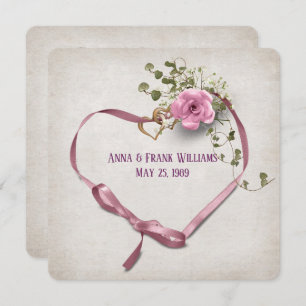 wedding vow renewal-pink ribbon heart with rings invitation