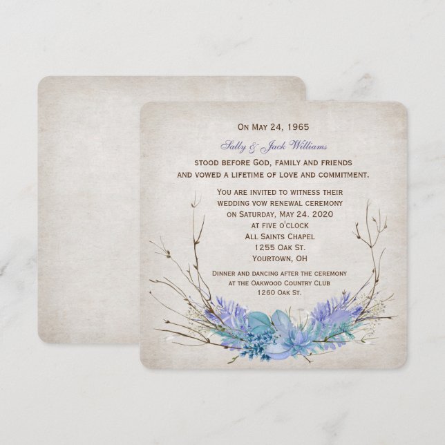 wedding vow renewal-purple floral twig bouquet invitation (Front/Back)