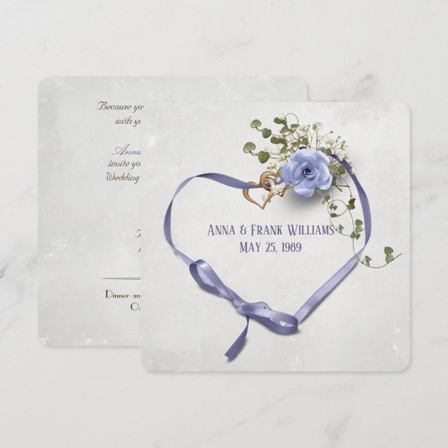 wedding vow renewal-purple ribbon heart with rings invitation (Front/Back)