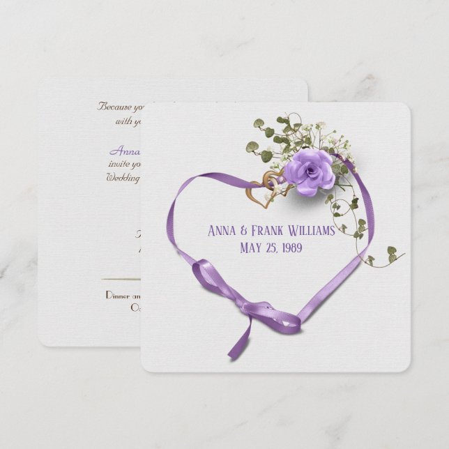 wedding vow renewal-purple ribbon heart with rings invitation (Front/Back)