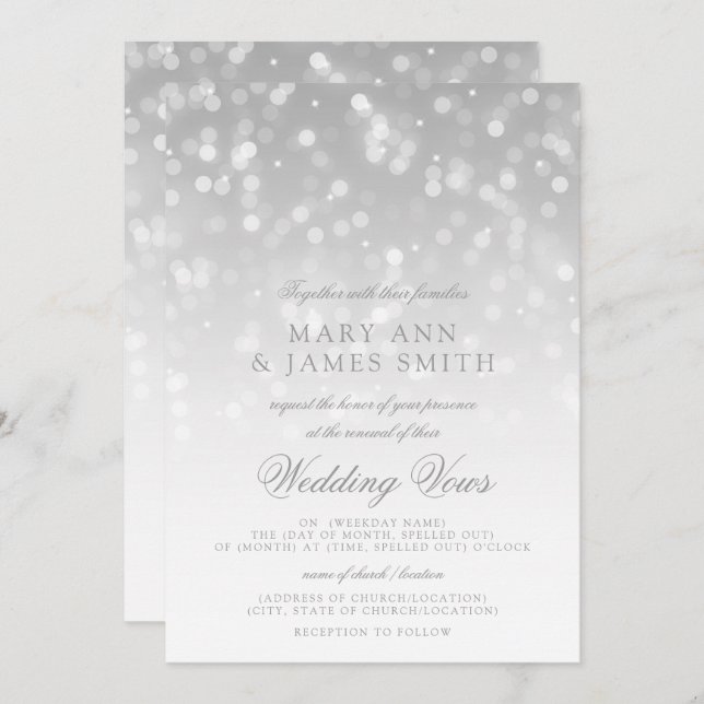 Wedding Vow Renewal Silver Bokeh Sparkle Lights Invitation (Front/Back)