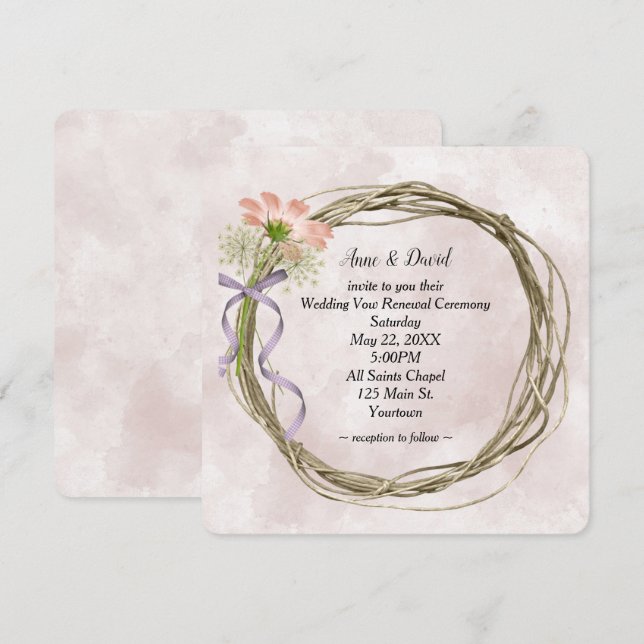 Wedding Vow Renewal Wreath On Pink Watercolor Invitation (Front/Back)