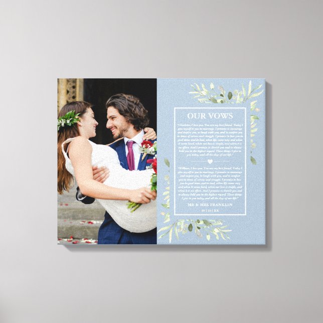 Wedding Vows Dusty Blue Greenery Photo  Canvas Print (Front)