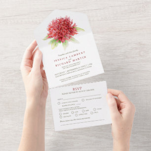 Wedding waratah flower watercolor photo meal RSVP All In One Invitation