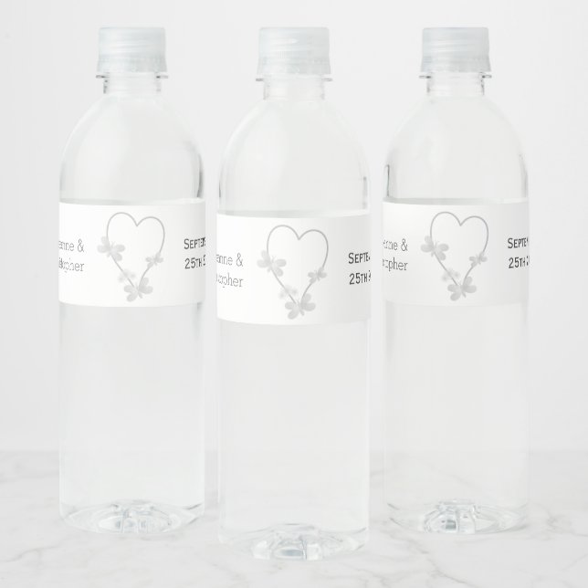 Wedding Water Bottle Label Silver Heart Butterfly (Bottles)