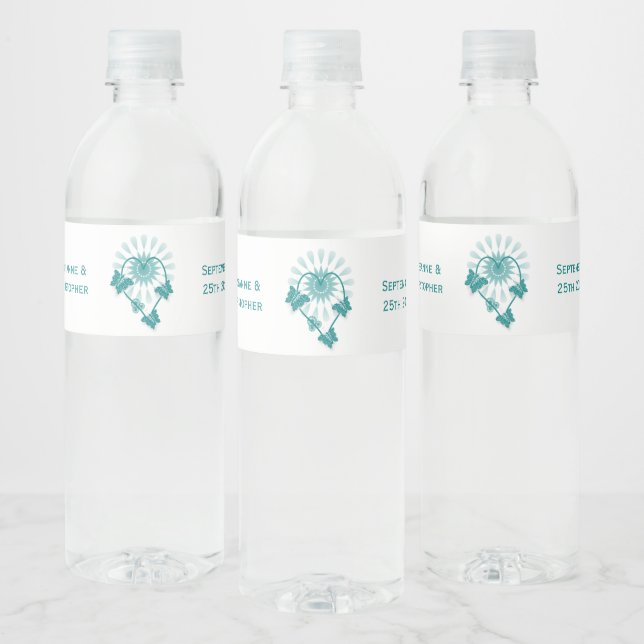 Wedding Water Bottle Label Teal Butterflies Heart (Bottles)
