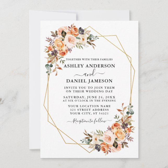 Wedding Watercolor Autumn Floral Geo Frame Invitation (Front)