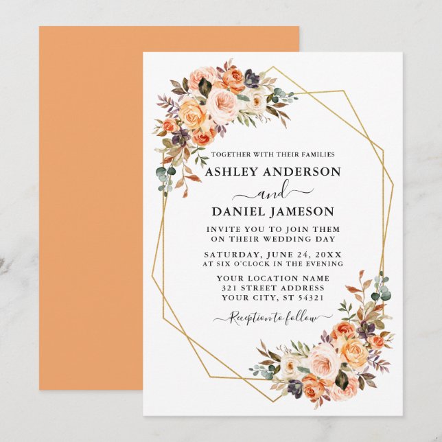 Wedding Watercolor Autumn Floral Geo Frame Peach Invitation (Front/Back)