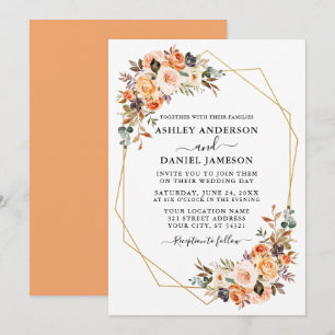 Wedding Watercolor Autumn Floral Geo Frame Peach Invitation