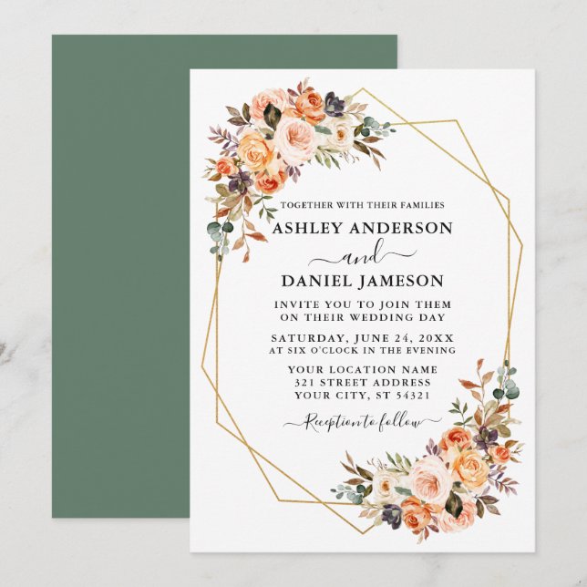 Wedding Watercolor Autumn Floral Geo Sage Green Invitation (Front/Back)