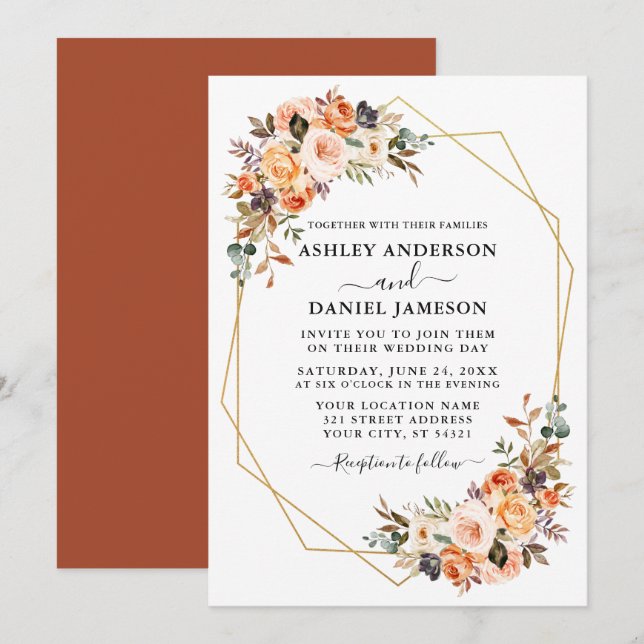 Wedding Watercolor Autumn Floral Geo Terracotta Invitation (Front/Back)