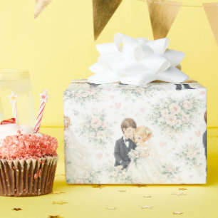 Wedding Watercolor Blonde Bride Groom Florals Wrapping Paper