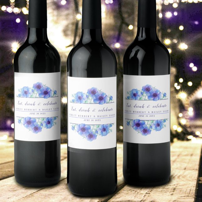 Wedding watercolor blue anemone flower wine labels (Creator Uploaded)