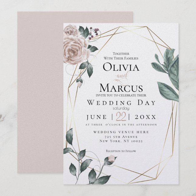 WEDDING | Watercolor Blush Dusty Rose Gold Invitation (Front/Back)