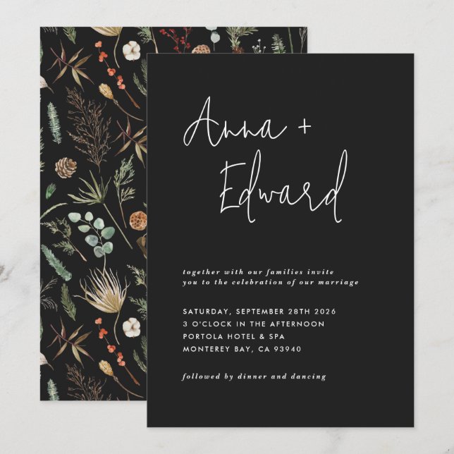  Wedding watercolor botanical floral black modern  Invitation (Front/Back)