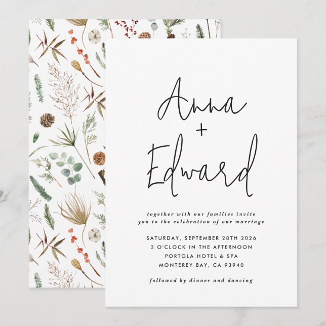  Wedding watercolor botanical floral black modern  Invitation (Front/Back)