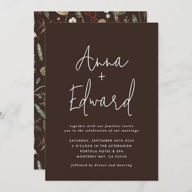  Wedding watercolor botanical floral brown modern Invitation (Front/Back)