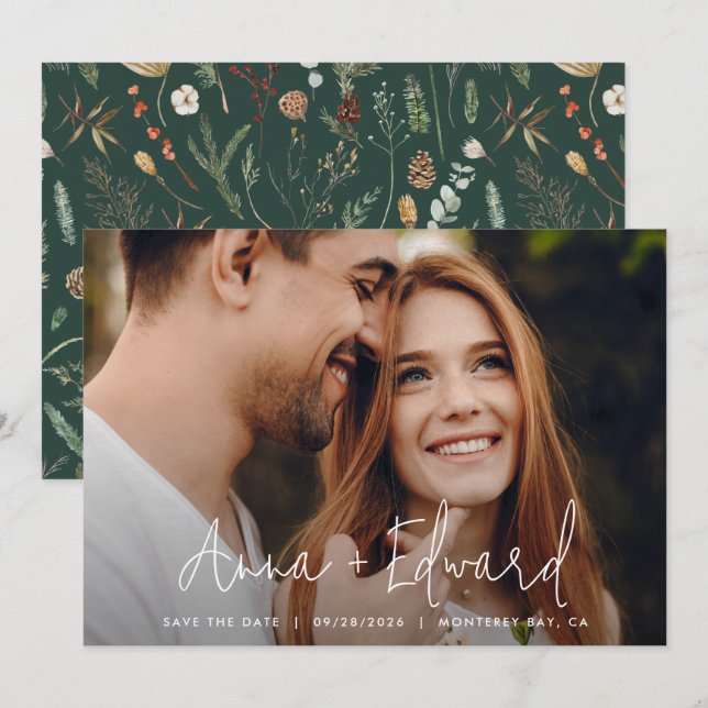  Wedding watercolor botanical green modern photo Save The Date (Front/Back)