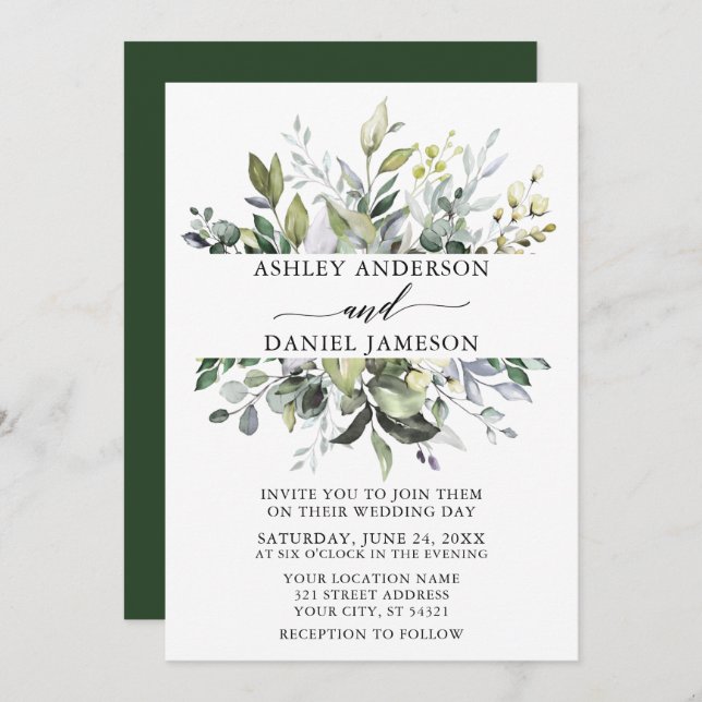 Wedding Watercolor Botanical Greenery Elegant Invitation (Front/Back)