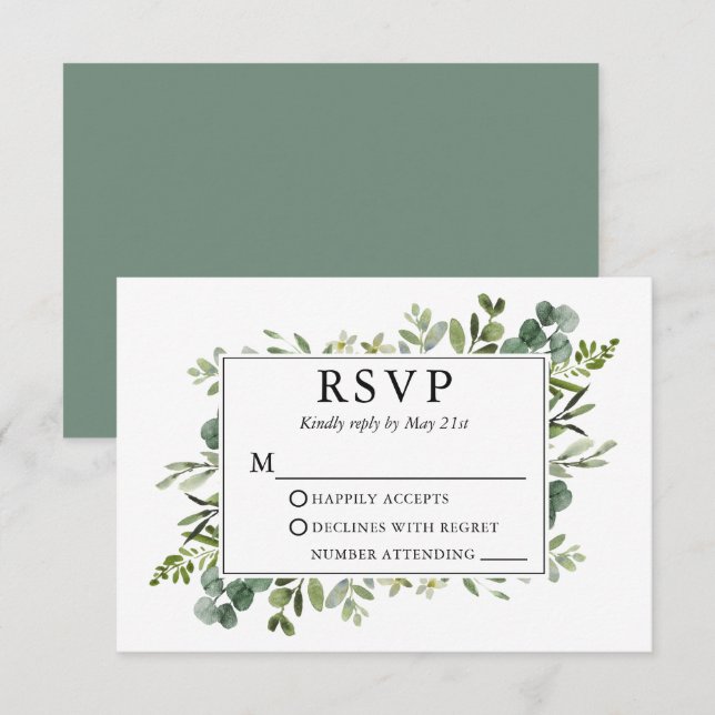 Wedding Watercolor Botanical Greenery Sage Green RSVP Card (Front/Back)